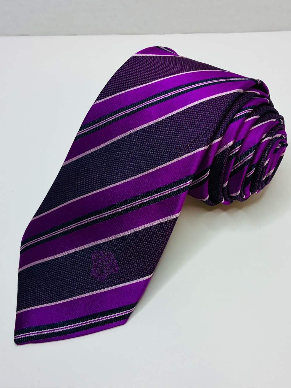 VERSACE Woven Silk Extra Long Necktie XL 61" Purple Violet Black Stripes Italy
